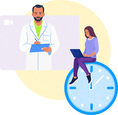 a therapist on video call with girl sitting on clock icon with laptop